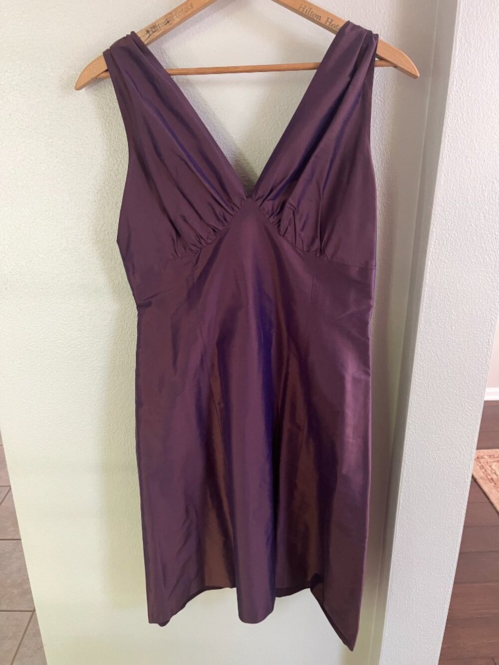 Aria 100% Silk V-Neck Empire Waist Cocktail Dress in Eggplant with Ochre Sheen